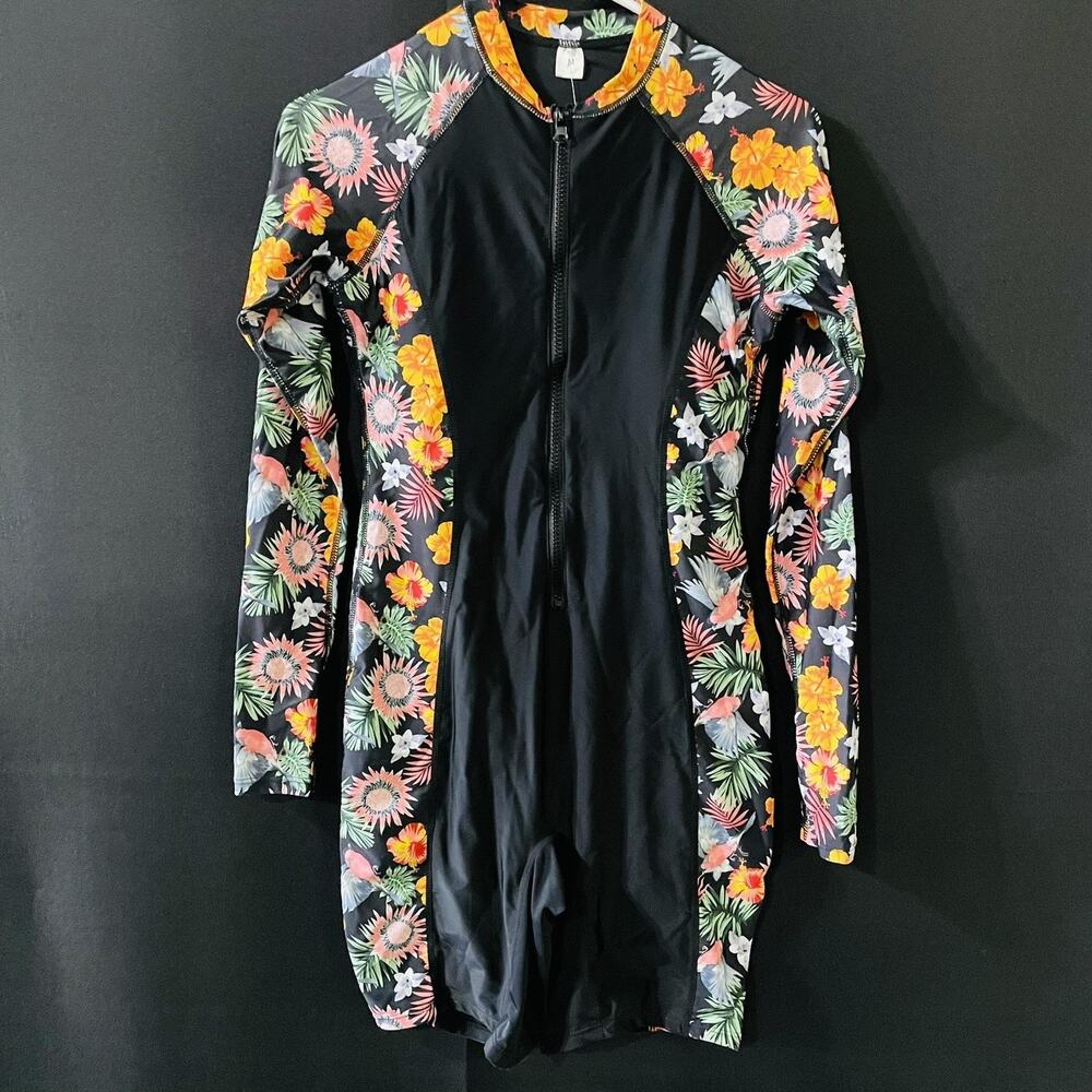 Floral UV Sun Suit Womens Medium Multicolor Long Sleeve Zip Swimsuit Rashguard